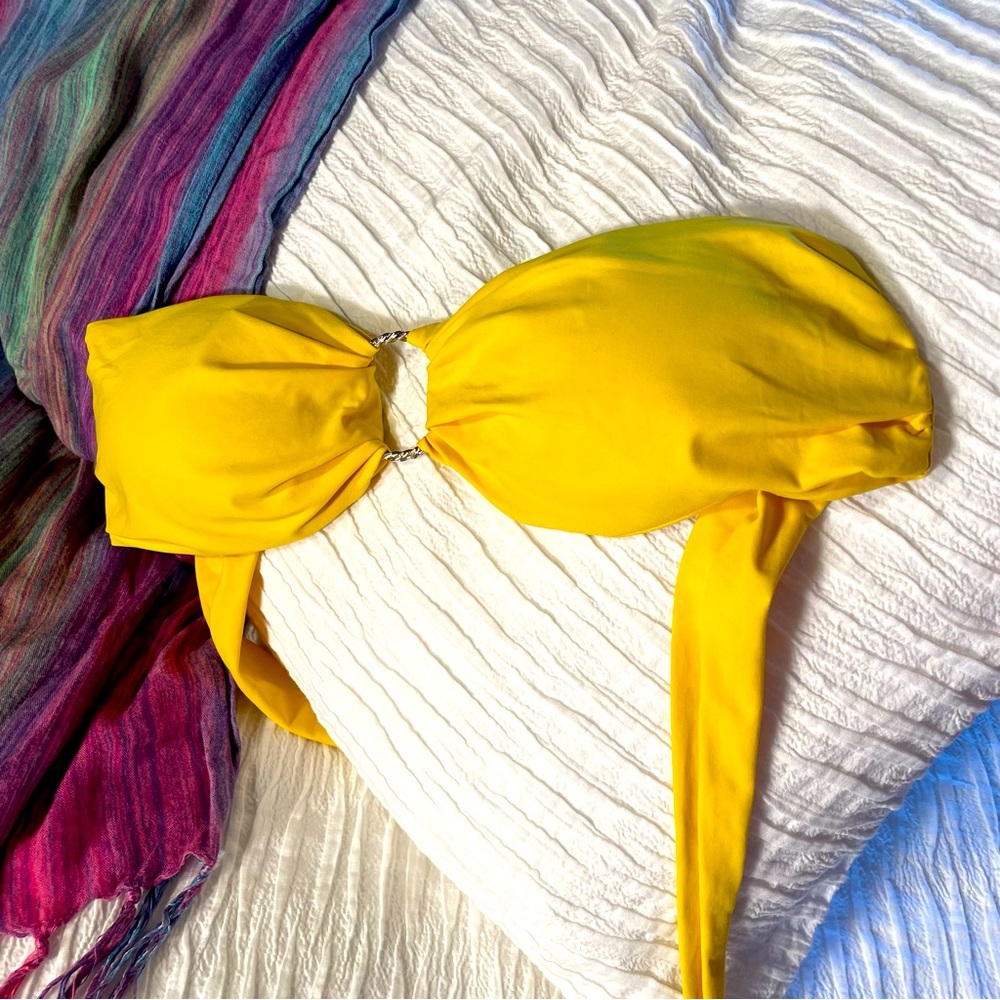 Yellow Strapless bikini top with silver hoop detail